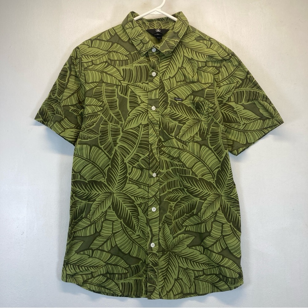 Volcom Men's Shirt Green Large Short Sleeve Button-Up Tropical Leaves Vacation